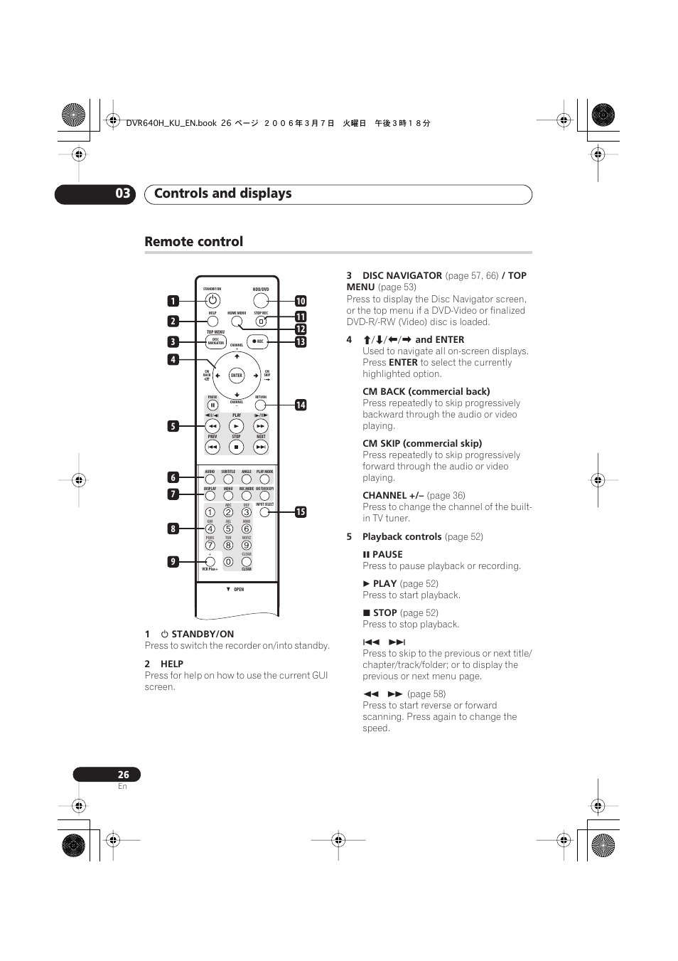 Remote control, Controls and displays 03 | Pioneer DVR-540H-S User Manual | Page 26 / 135