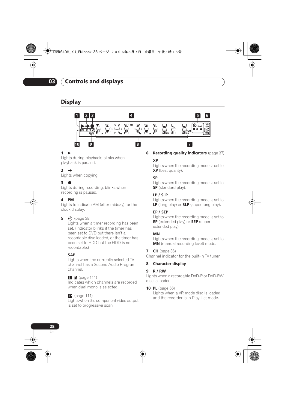 Display, Controls and displays 03 | Pioneer DVR-540H-S User Manual | Page 28 / 135