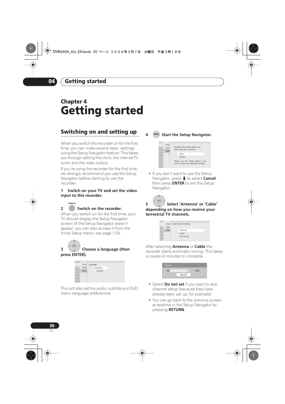 04 getting started, Switching on and setting up, Getting started | Getting started 04, Chapter 4 | Pioneer DVR-540H-S User Manual | Page 30 / 135