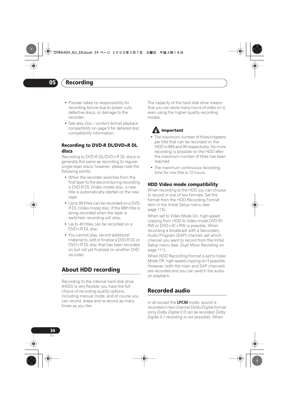 About hdd recording, Recorded audio, Recording 05 | Pioneer DVR-540H-S User Manual | Page 34 / 135