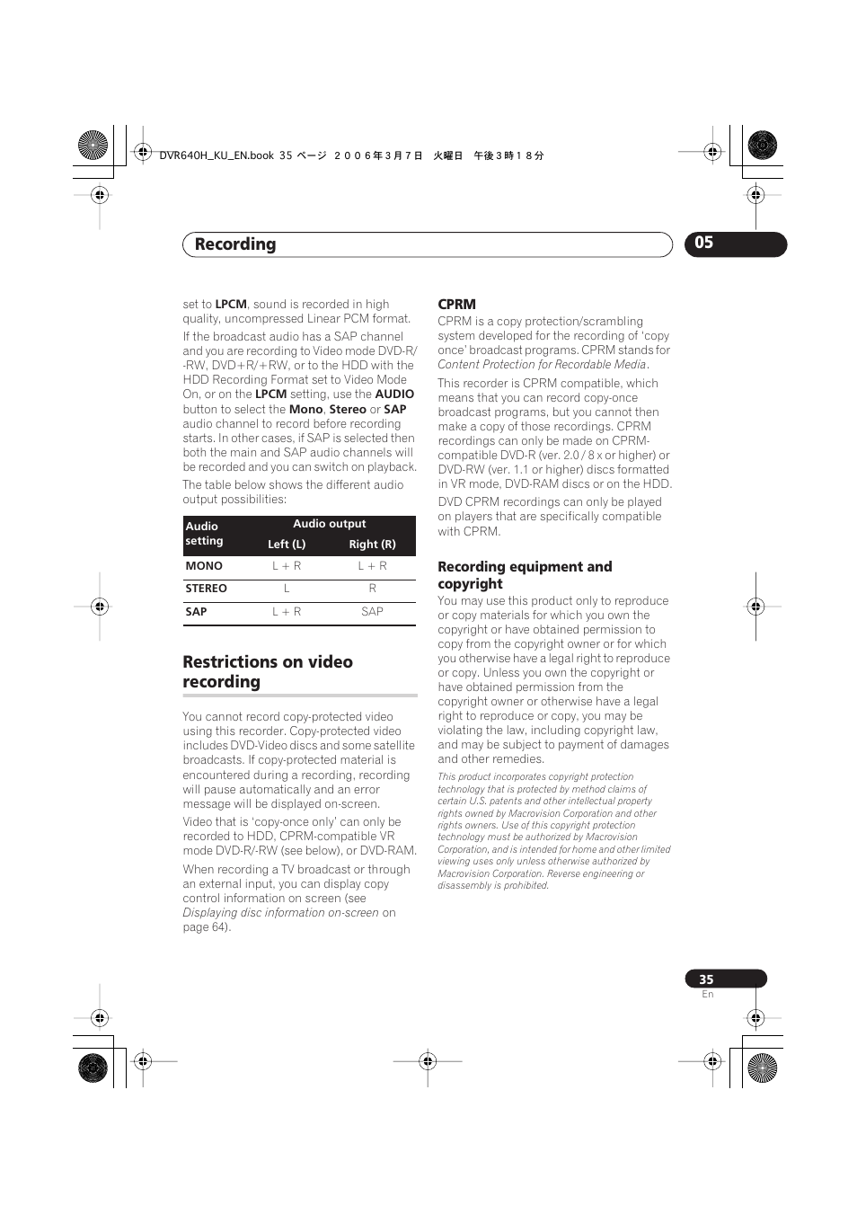 Restrictions on video recording, Recording 05, Restrictions on video | Recording | Pioneer DVR-540H-S User Manual | Page 35 / 135