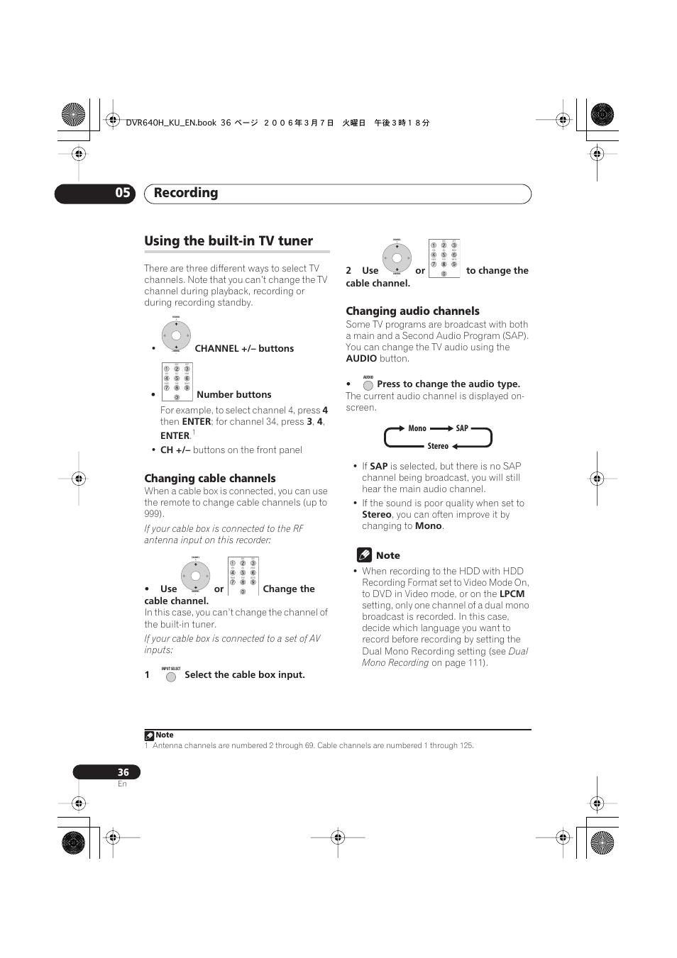 Using the built-in tv tuner, Recording 05, Changing cable channels | Changing audio channels | Pioneer DVR-540H-S User Manual | Page 36 / 135