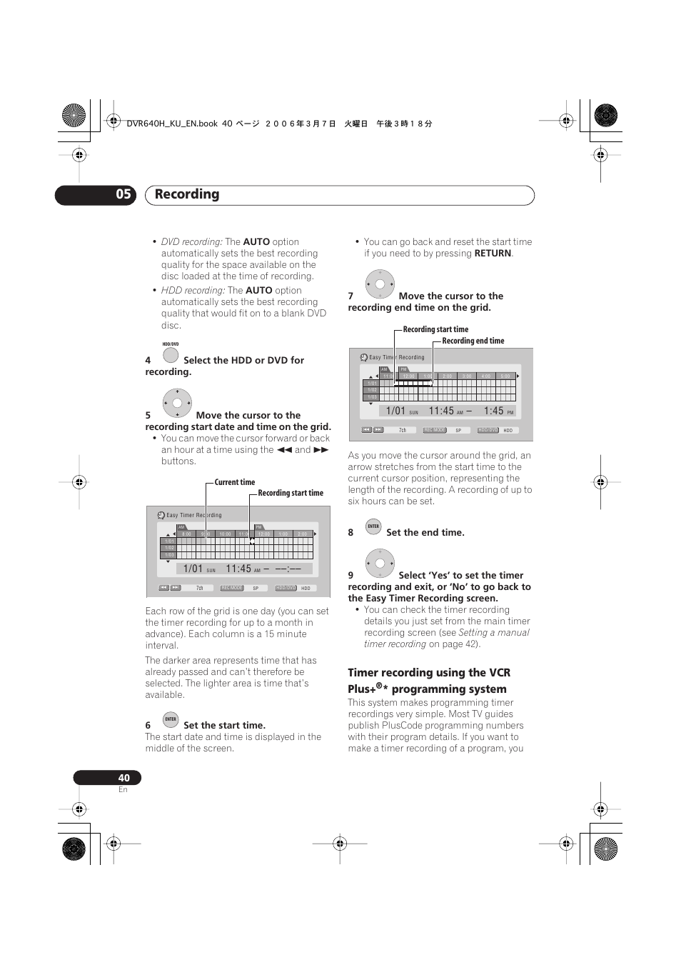 Recording 05, Timer recording using the vcr plus, Programming system | Pioneer DVR-540H-S User Manual | Page 40 / 135