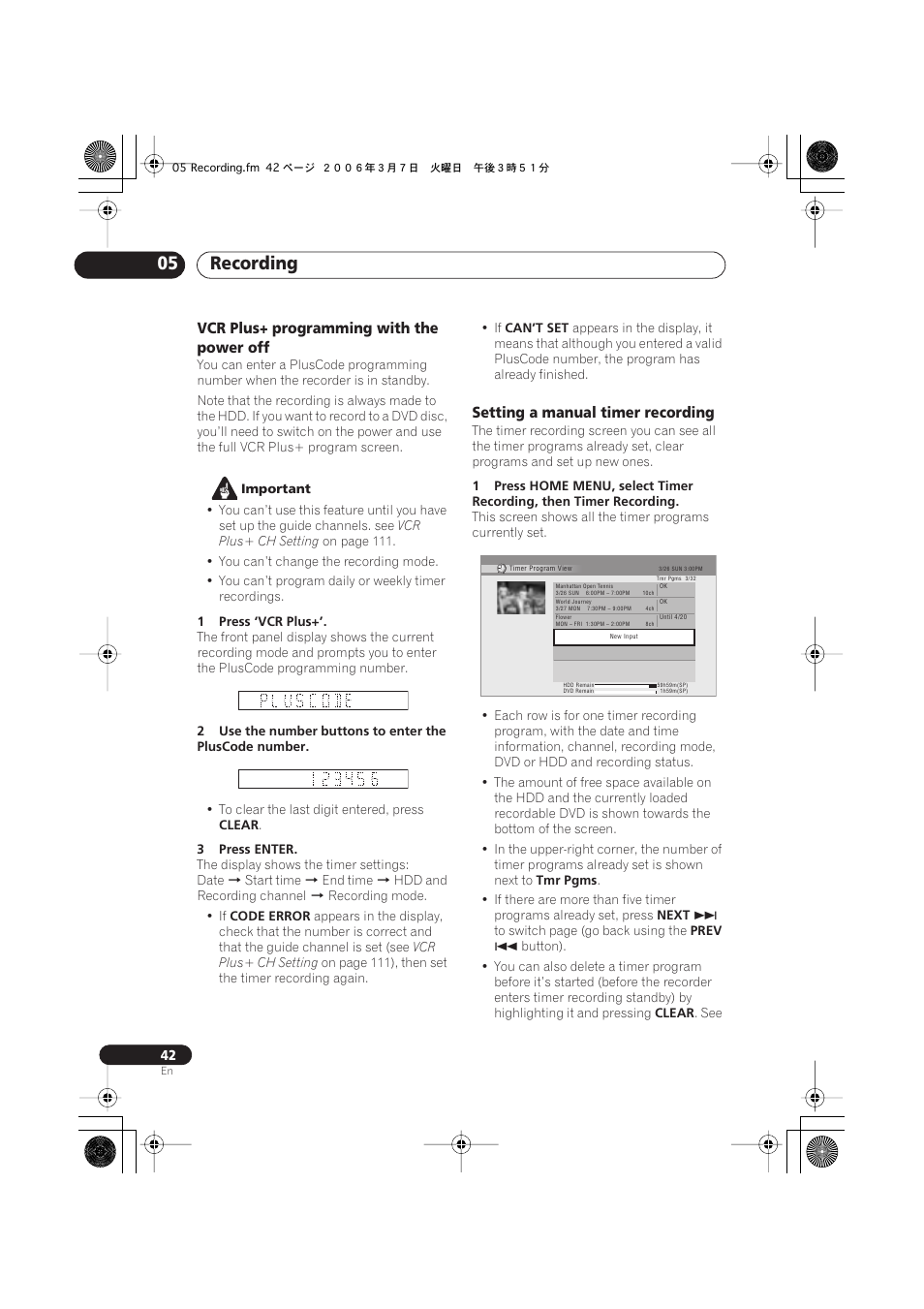 Recording 05, Vcr plus+ programming with the power off, Setting a manual timer recording | Pioneer DVR-540H-S User Manual | Page 42 / 135