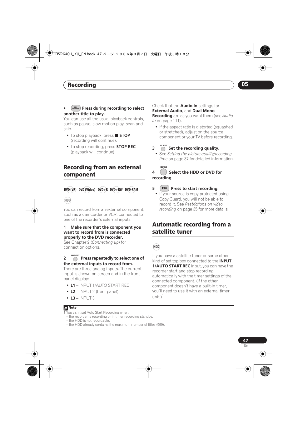 Recording from an external component, Automatic recording from a satellite tuner, Recording 05 | Recording from an external, Component, Automatic recording from a, Satellite tuner | Pioneer DVR-540H-S User Manual | Page 47 / 135