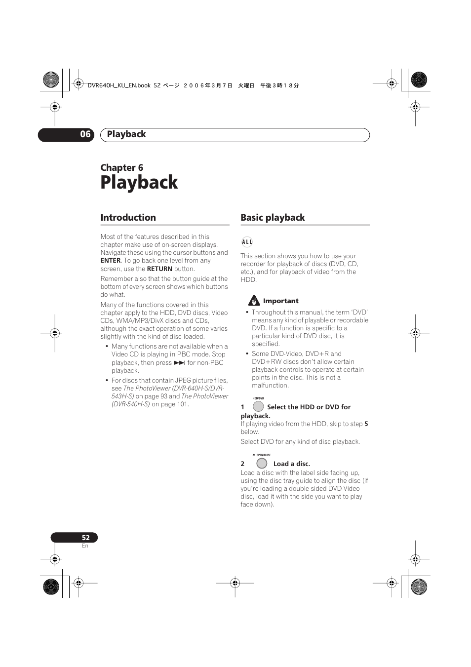06 playback, Introduction, Basic playback | Playback, Playback 06, Chapter 6 | Pioneer DVR-540H-S User Manual | Page 52 / 135