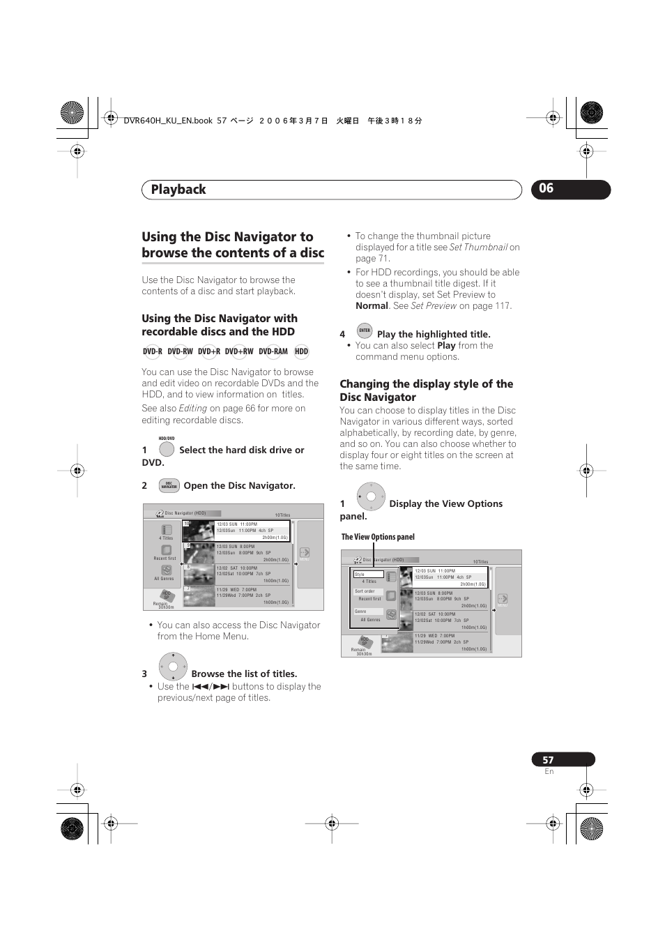Playback 06, Using the disc navigator to, Browse the contents of a disc | Changing the display style of the disc navigator | Pioneer DVR-540H-S User Manual | Page 57 / 135