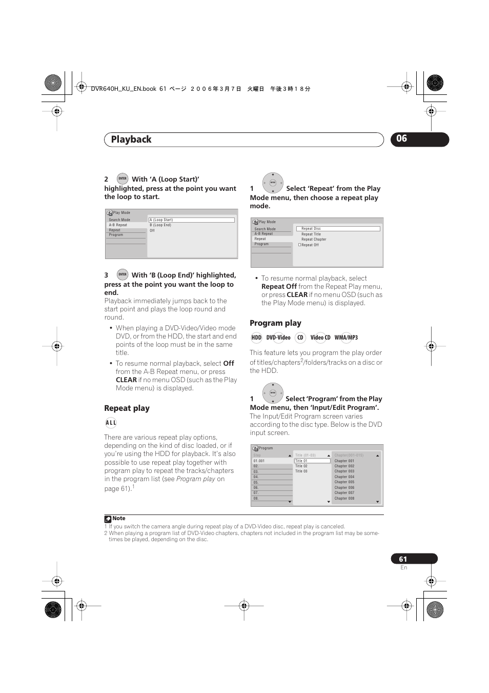 Playback 06, Repeat play, Program play | Pioneer DVR-540H-S User Manual | Page 61 / 135