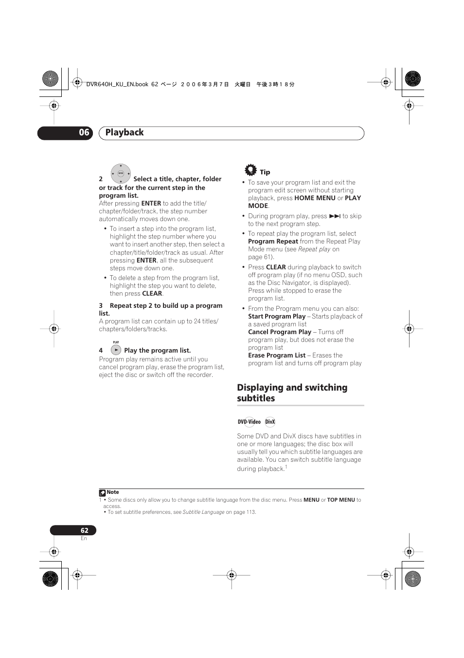 Displaying and switching subtitles, Playback 06, Displaying and switching | Subtitles | Pioneer DVR-540H-S User Manual | Page 62 / 135