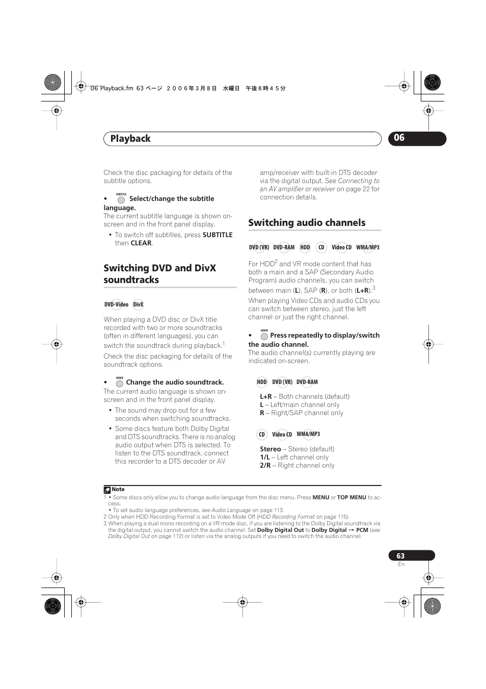 Switching dvd and divx soundtracks, Switching audio channels, Playback 06 | Switching dvd and divx, Soundtracks | Pioneer DVR-540H-S User Manual | Page 63 / 135