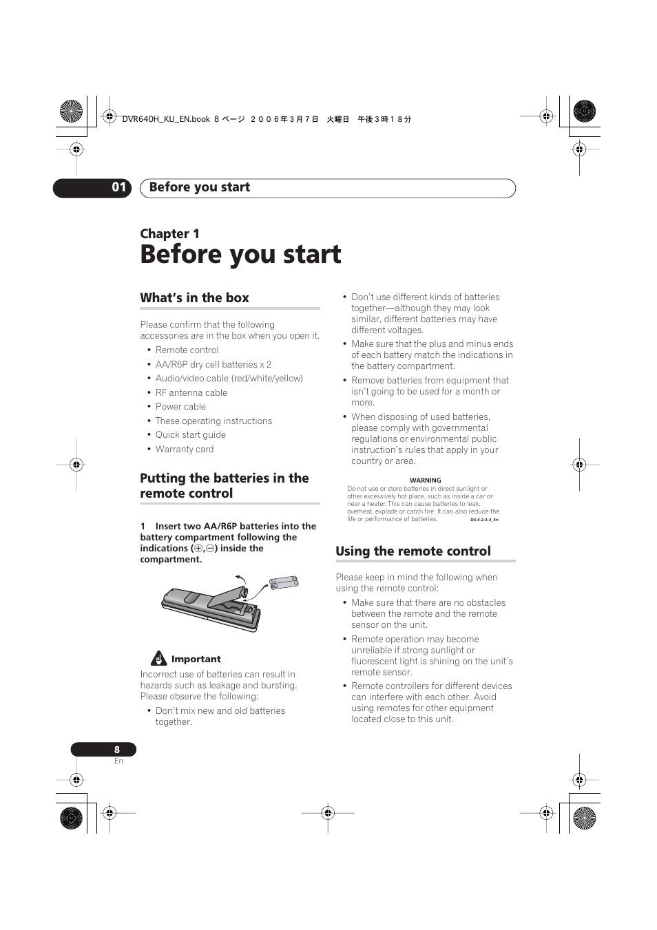 01 before you start, What’s in the box, Putting the batteries in the remote control | Using the remote control, Before you start, Before you start 01, Chapter 1, Putting the batteries in the, Remote control | Pioneer DVR-540H-S User Manual | Page 8 / 135