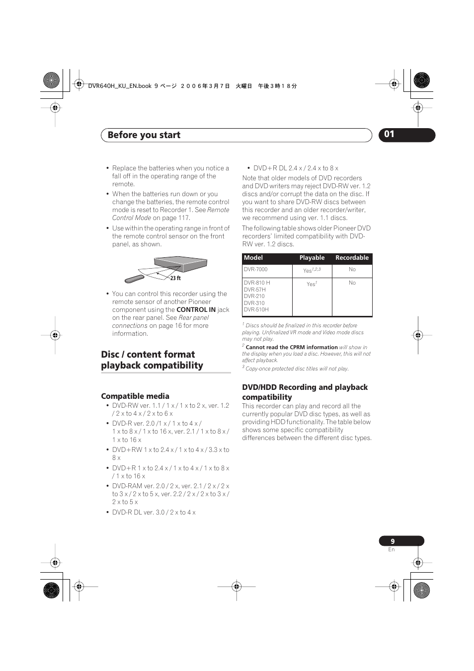 Disc / content format playback compatibility, Before you start 01, Disc / content format | Playback compatibility, Compatible media, Dvd/hdd recording and playback compatibility | Pioneer DVR-540H-S User Manual | Page 9 / 135