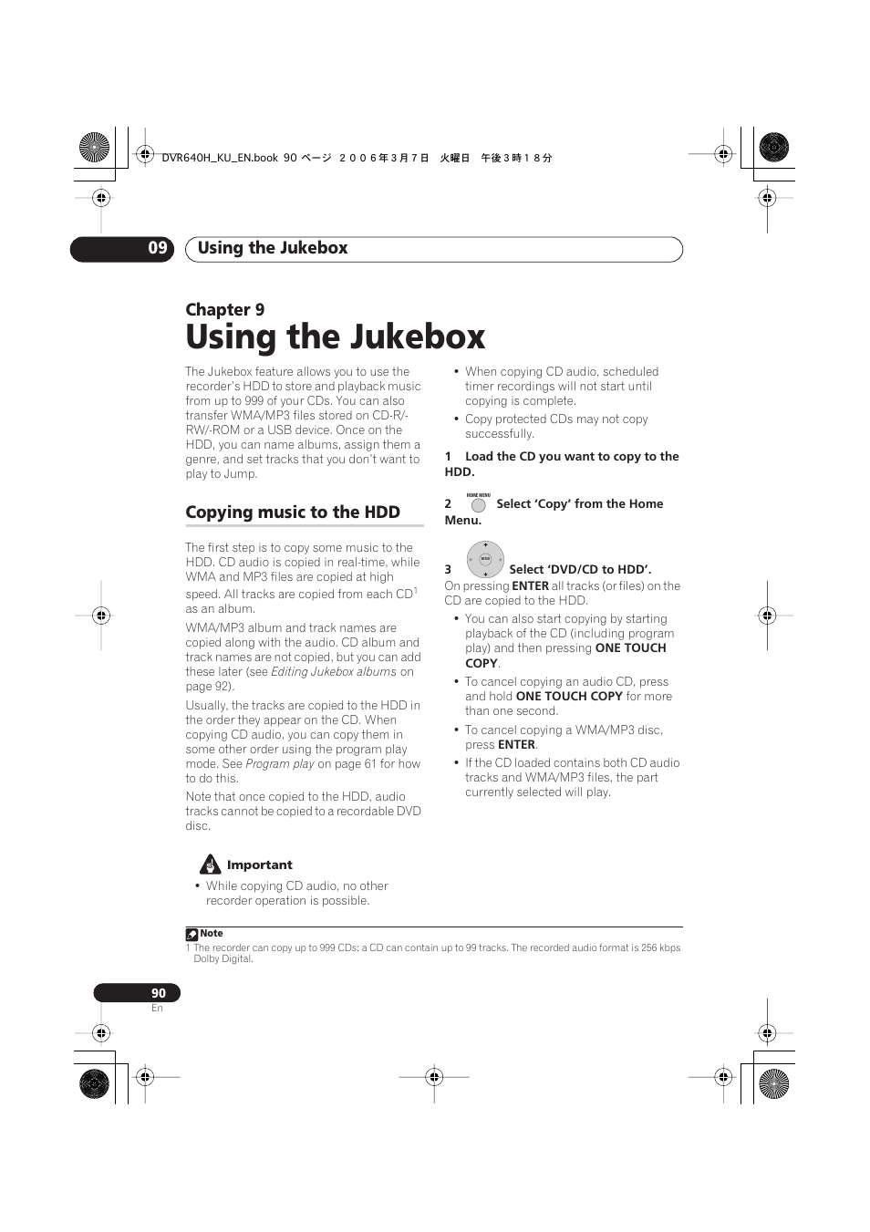 09 using the jukebox, Copying music to the hdd, Using the jukebox | Using the jukebox 09, Chapter 9 | Pioneer DVR-540H-S User Manual | Page 90 / 135