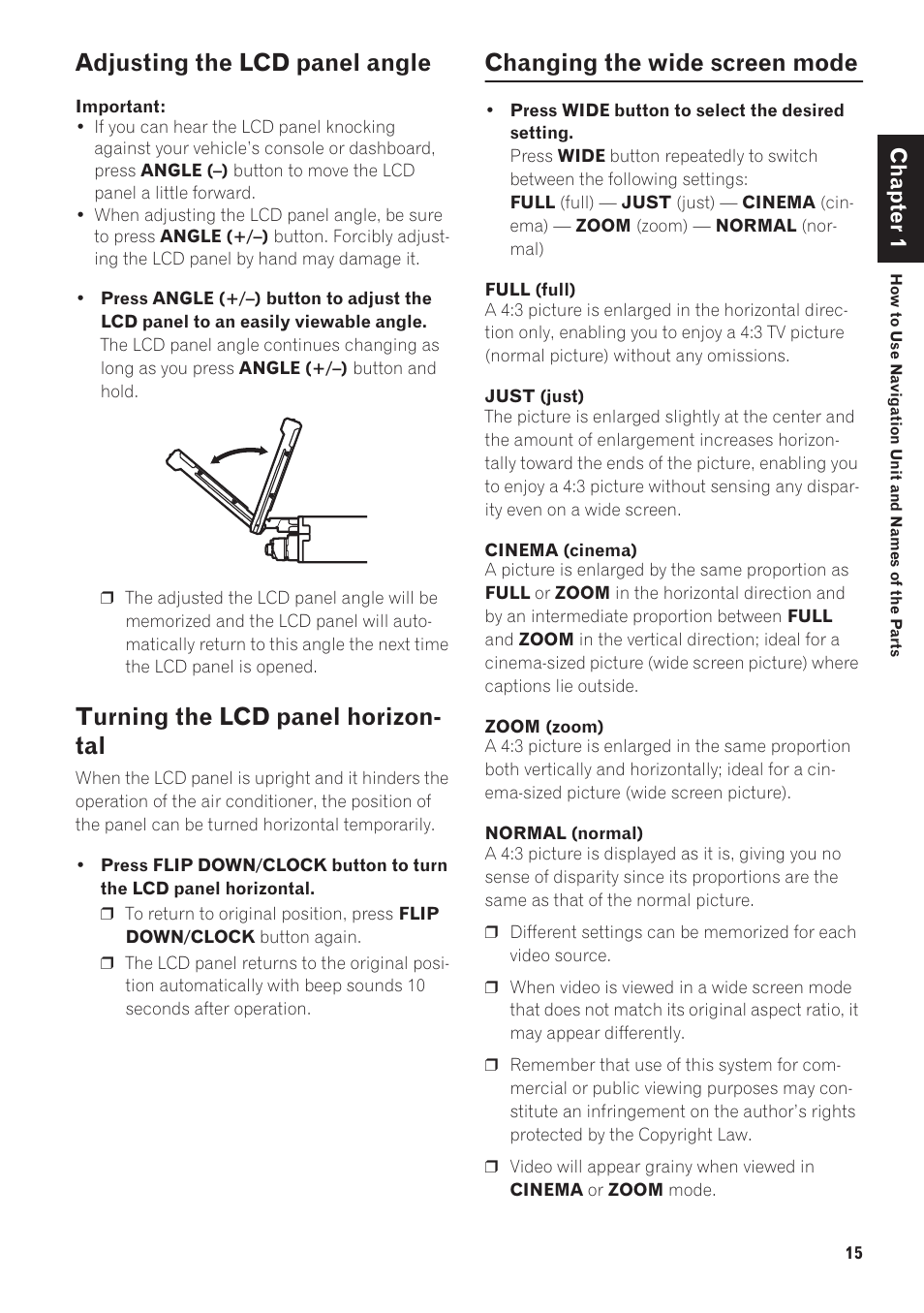 Adjusting the lcd panel angle, Turning the lcd panel horizontal, Changing the wide screen mode | Turning the lcd panel horizon- tal | Pioneer AVIC-N1 User Manual | Page 17 / 28