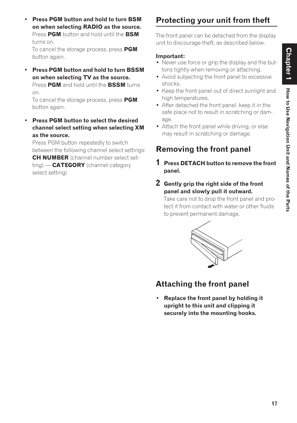 Protecting your unit from theft, Removing the front panel, Attaching the front panel | Pioneer AVIC-N1 User Manual | Page 19 / 28