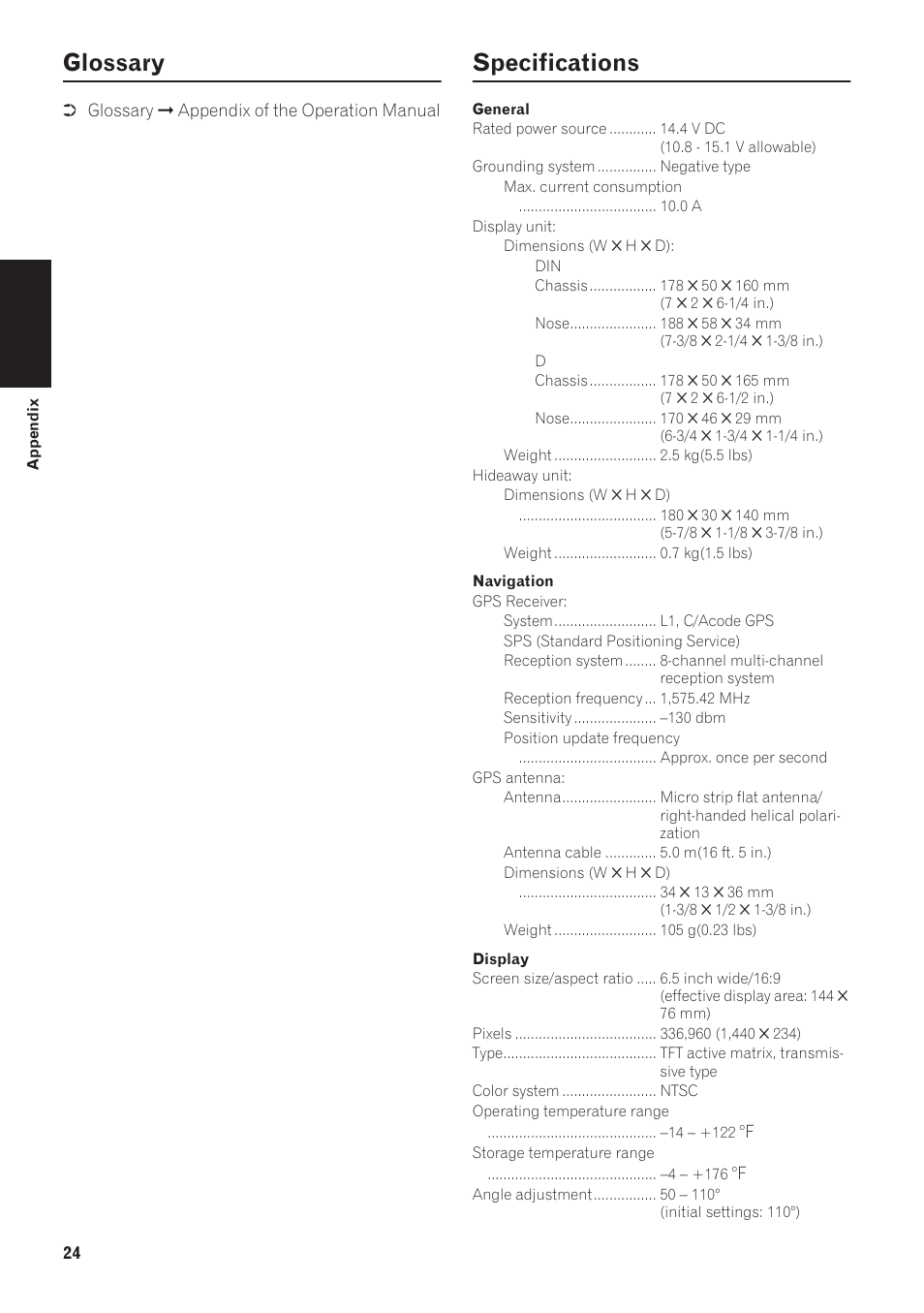 Glossary, Specifications | Pioneer AVIC-N1 User Manual | Page 26 / 28