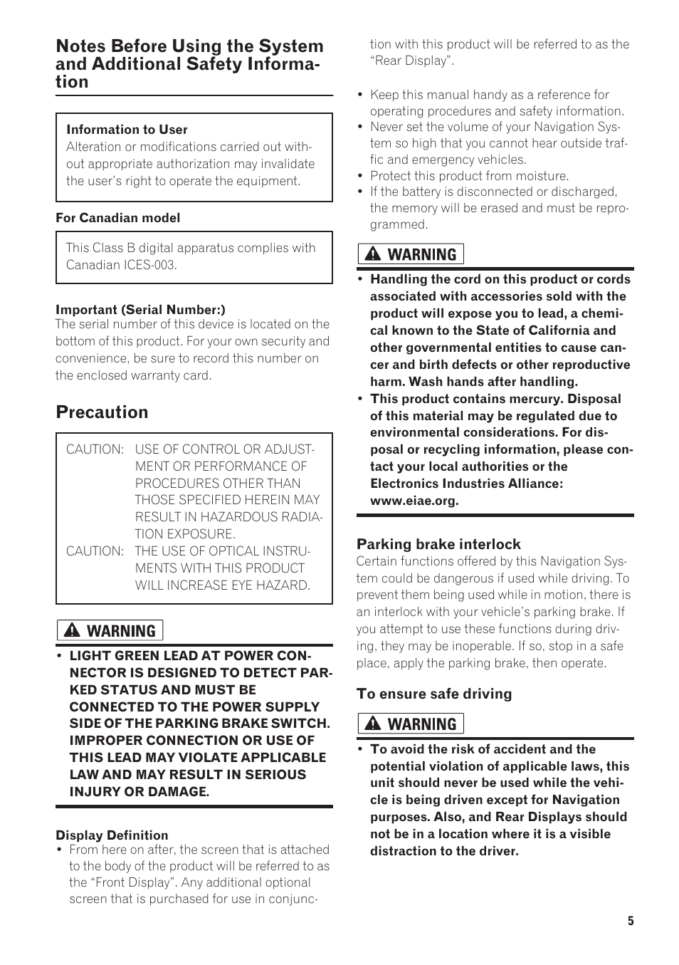Notes before using the system and additional, Safety information, Precaution | Pioneer AVIC-N1 User Manual | Page 7 / 28