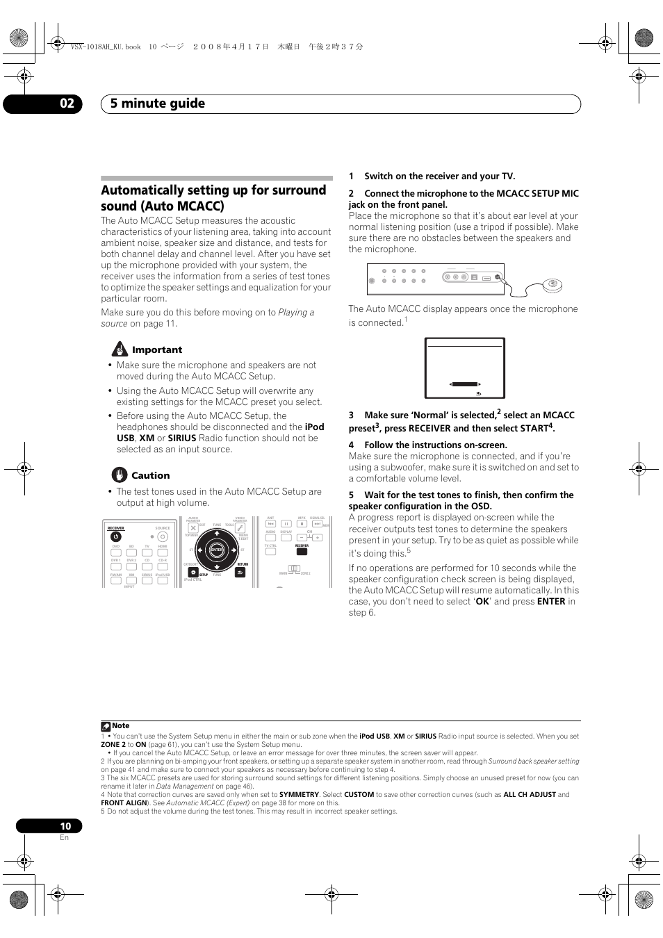 5 minute guide 02, Mcacc setup mic, 3make sure ‘normal’ is selected | Select an mcacc preset, Press receiver and then select start | Pioneer VSX-1018AH-K 7 User Manual | Page 10 / 100