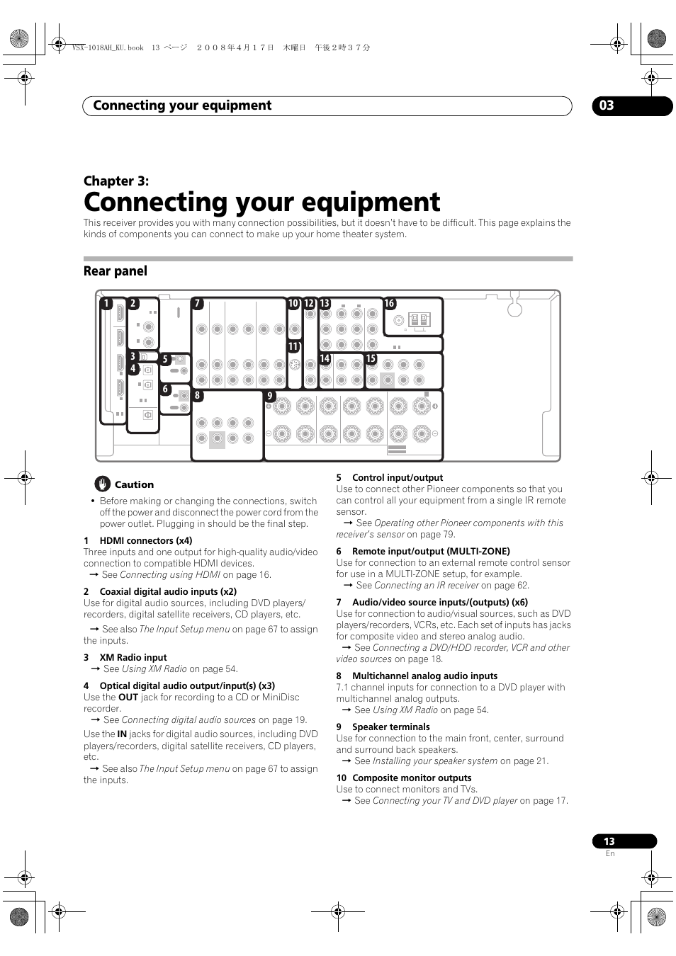 Rear panel, Connecting your equipment, Connecting your equipment 03 | Chapter 3 | Pioneer VSX-1018AH-K 7 User Manual | Page 13 / 100