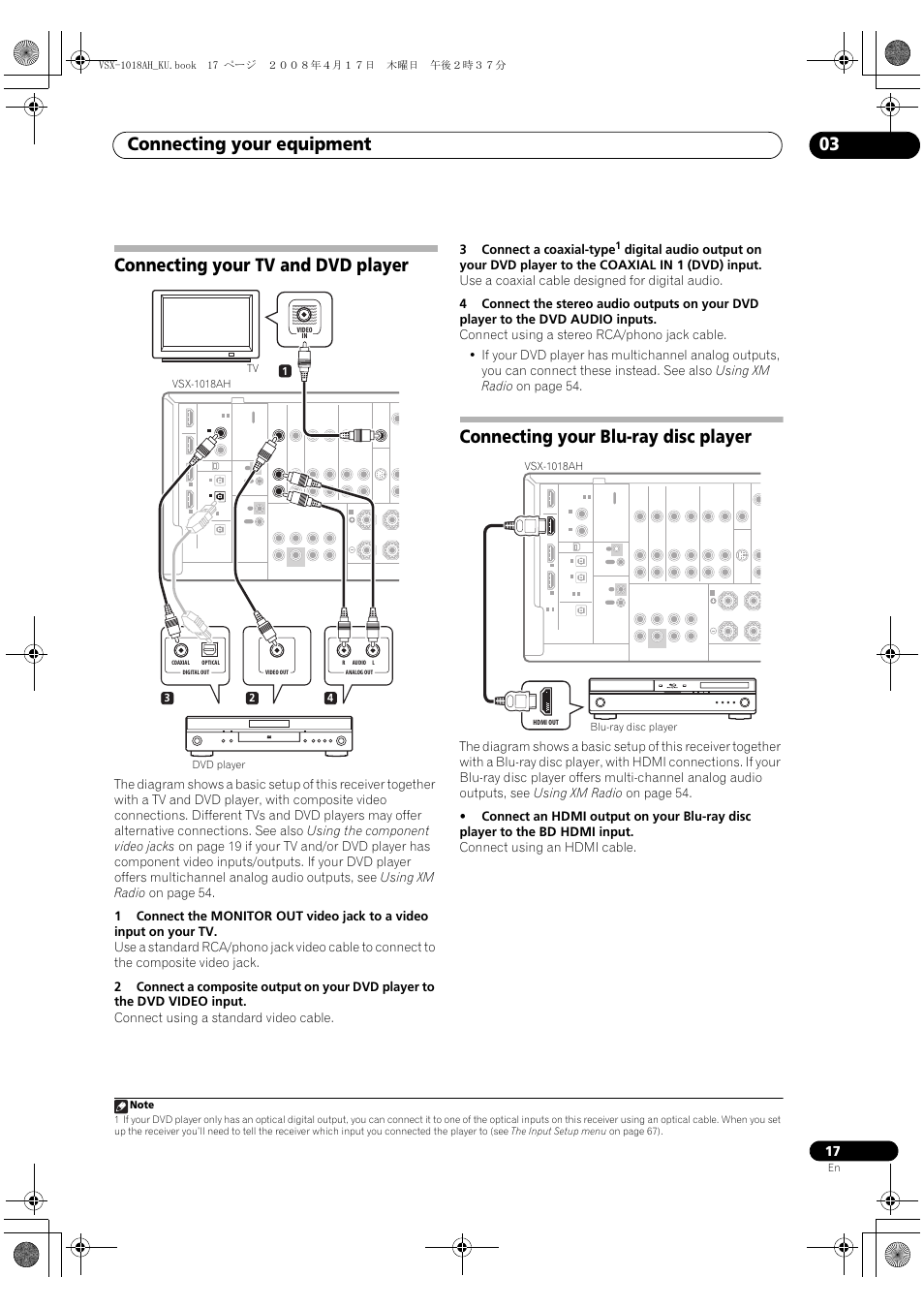 Connecting your equipment 03, Connecting your tv and dvd player, Connecting your blu-ray disc player | Pioneer VSX-1018AH-K 7 User Manual | Page 17 / 100