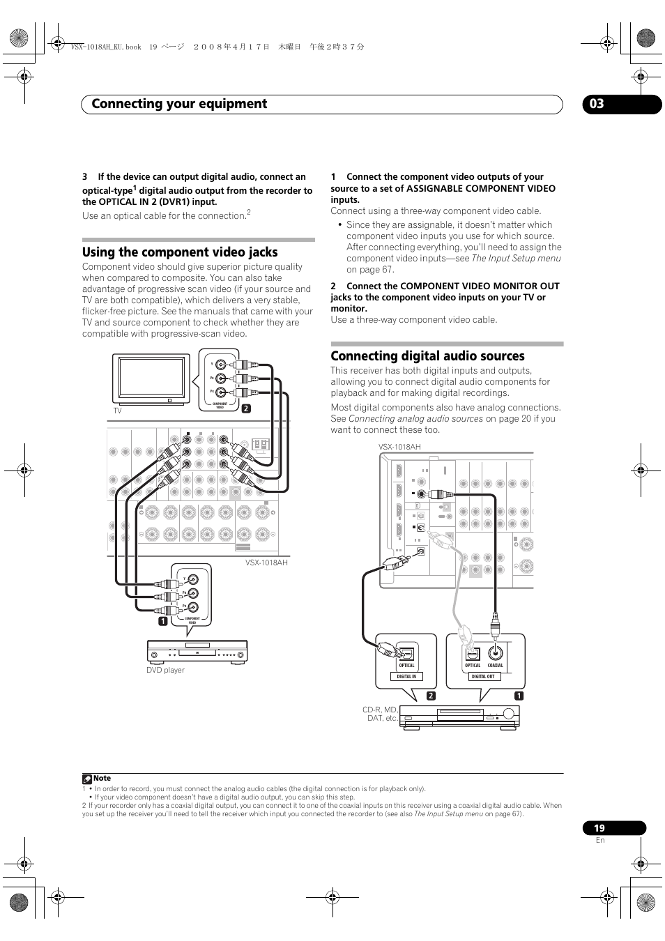 Connecting your equipment 03, Using the component video jacks, Connecting digital audio sources | Pioneer VSX-1018AH-K 7 User Manual | Page 19 / 100