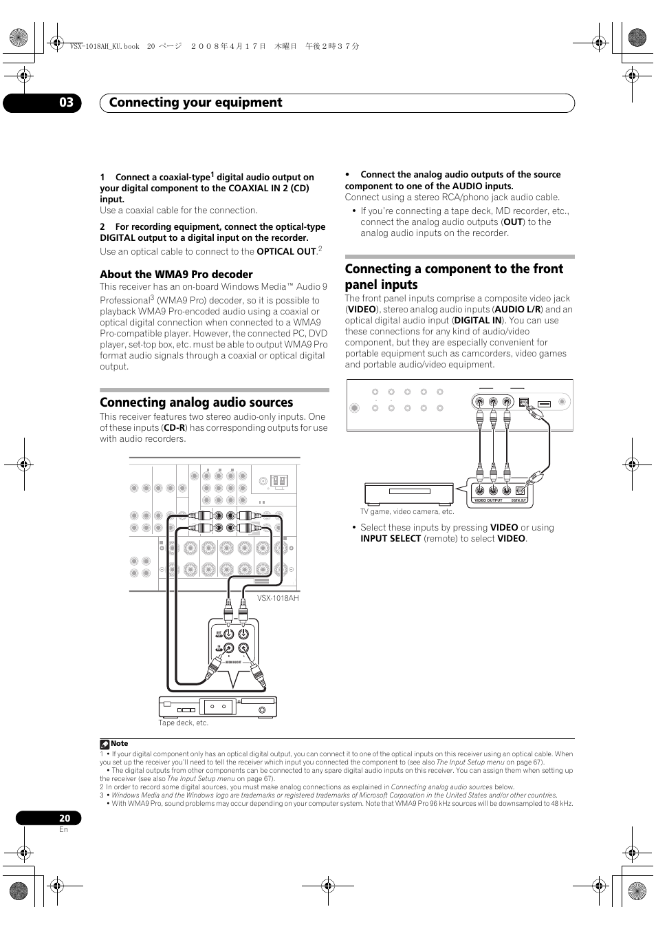 About the wma9 pro decoder, Connecting your equipment 03, Connecting analog audio sources | Connecting a component to the front panel inputs, 1connect a coaxial-type, Vsx-1018ah tape deck, etc | Pioneer VSX-1018AH-K 7 User Manual | Page 20 / 100