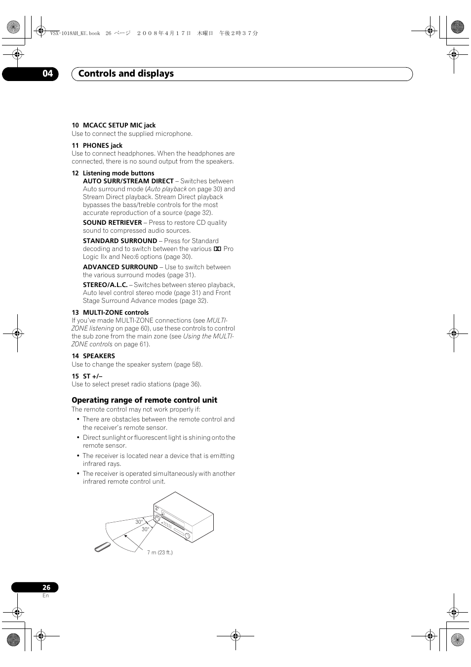 Operating range of remote control unit, Controls and displays 04 | Pioneer VSX-1018AH-K 7 User Manual | Page 26 / 100