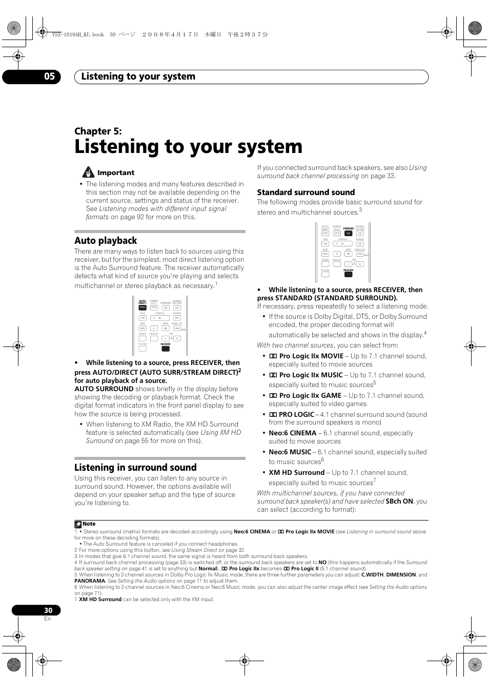 Auto playback listening in surround sound, Standard surround sound, Listening to your system | Listening to your system 05, Chapter 5, Auto playback, Listening in surround sound | Pioneer VSX-1018AH-K 7 User Manual | Page 30 / 100