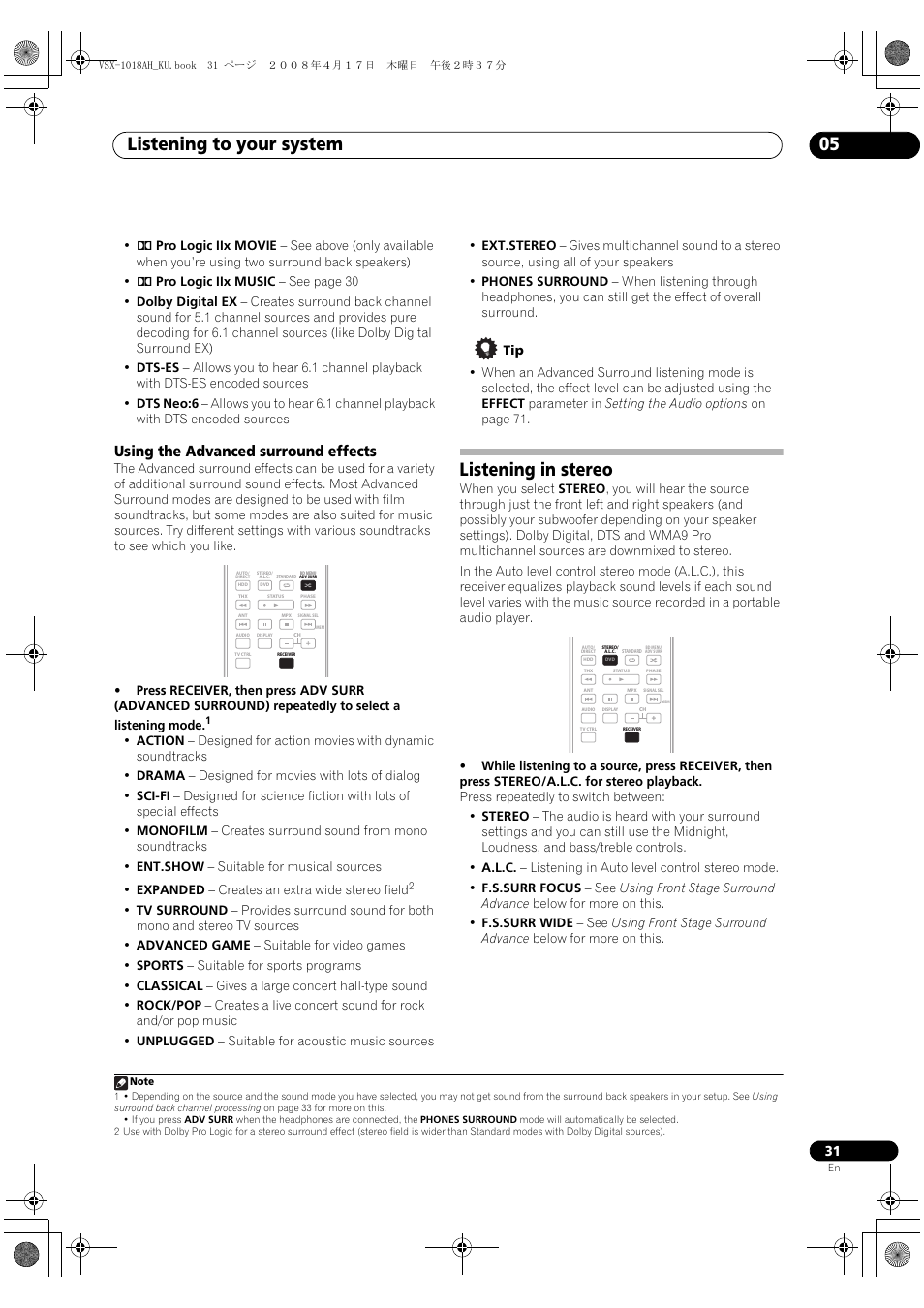 Using the advanced surround effects, Listening in stereo, Listening to your system 05 | Pioneer VSX-1018AH-K 7 User Manual | Page 31 / 100