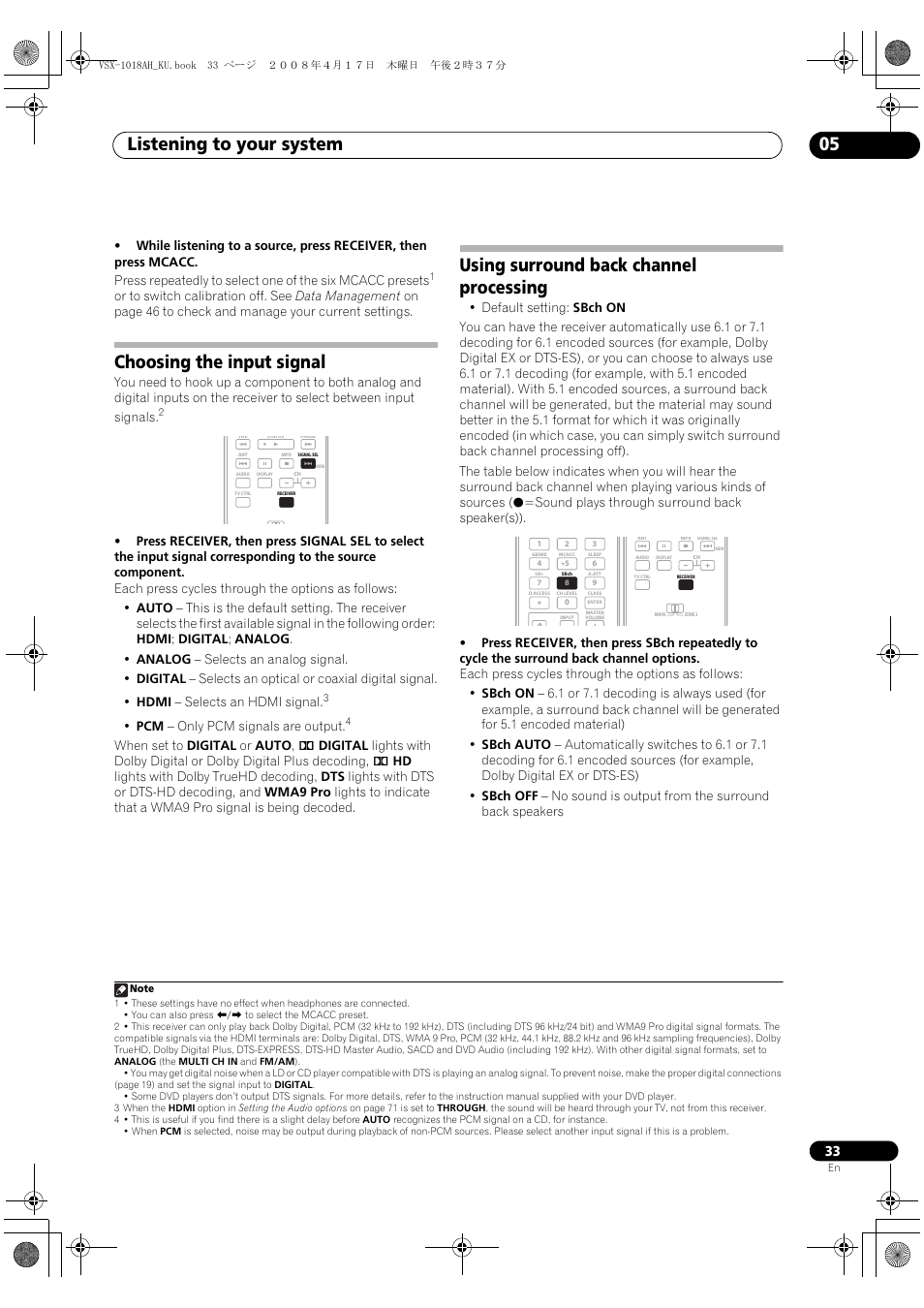 Listening to your system 05, Choosing the input signal, Using surround back channel processing | Pcm – only pcm signals are output | Pioneer VSX-1018AH-K 7 User Manual | Page 33 / 100