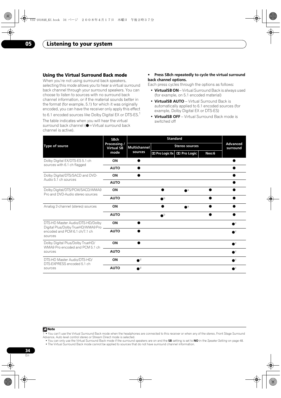 Using the virtual surround back mode, Listening to your system 05 | Pioneer VSX-1018AH-K 7 User Manual | Page 34 / 100