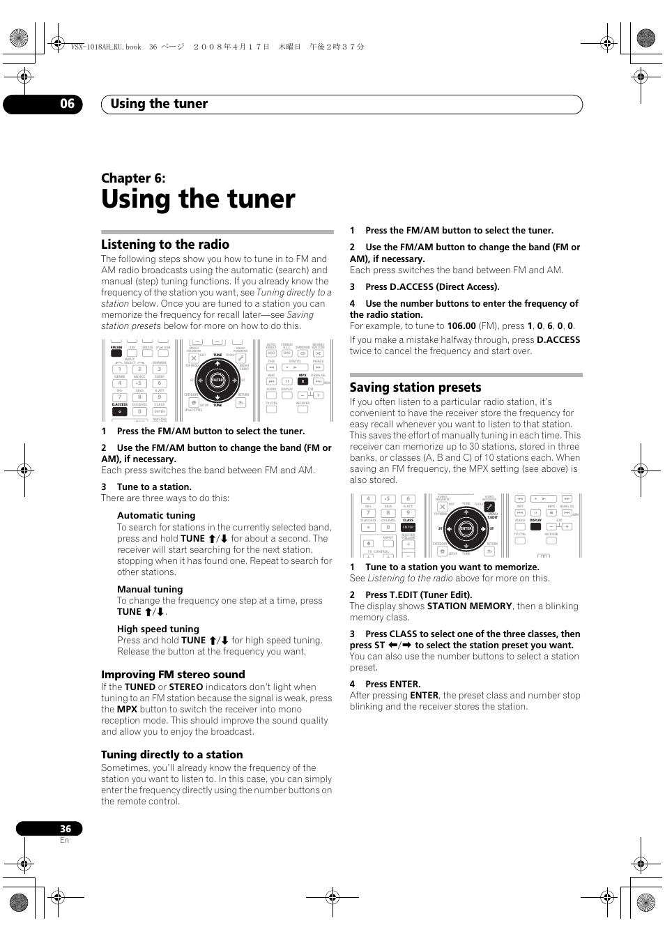 Listening to the radio, Saving station presets, Using the tuner | Using the tuner 06, Chapter 6, Improving fm stereo sound, Tuning directly to a station | Pioneer VSX-1018AH-K 7 User Manual | Page 36 / 100