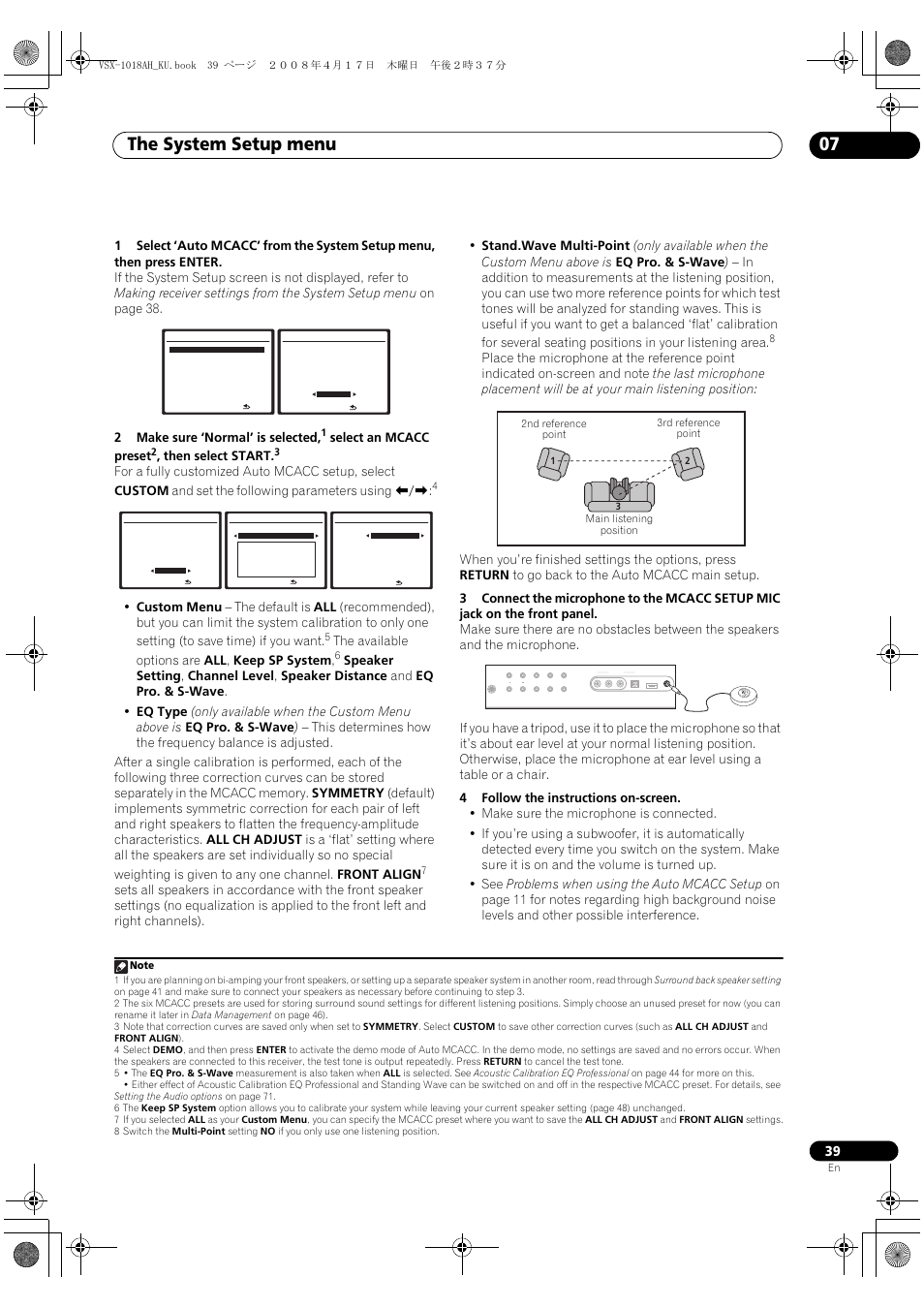 The system setup menu 07, Mcacc setup mic | Pioneer VSX-1018AH-K 7 User Manual | Page 39 / 100