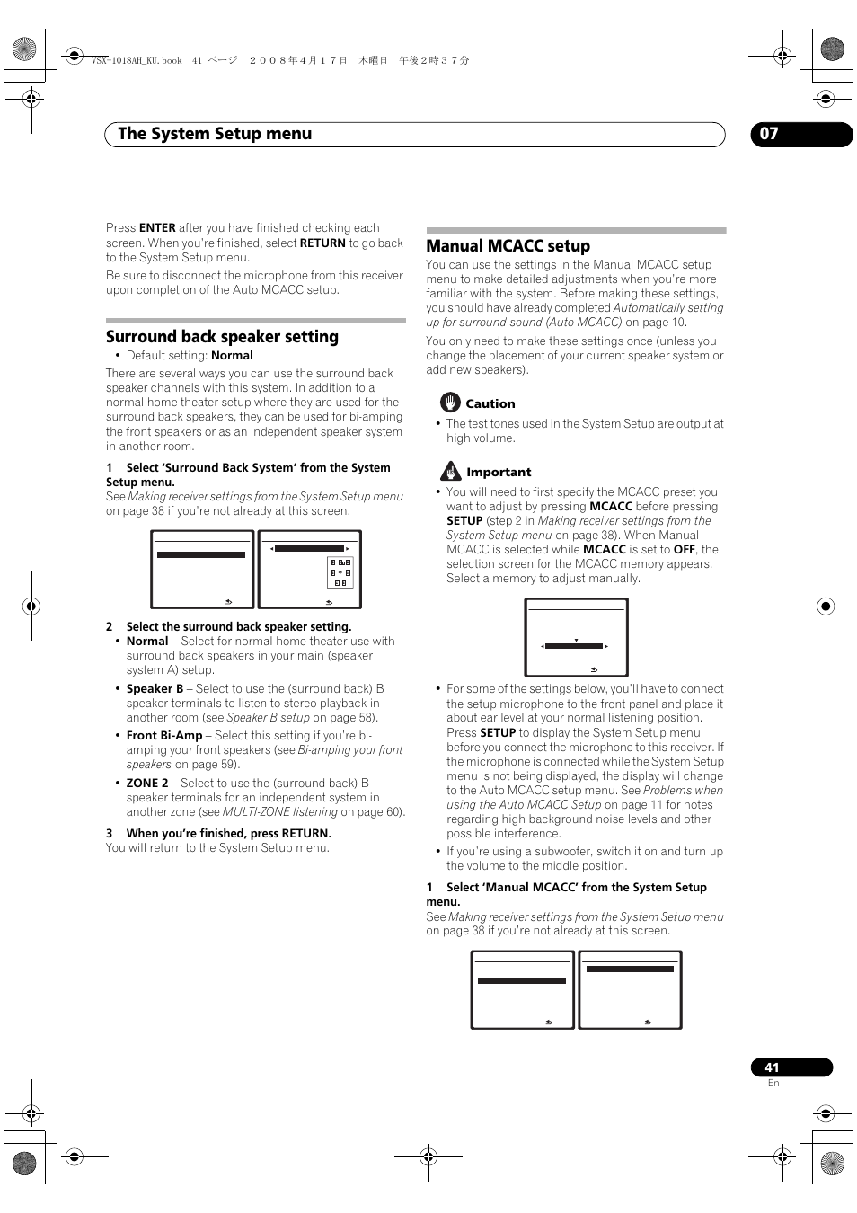 Surround back speaker setting manual mcacc setup, The system setup menu 07, Surround back speaker setting | Manual mcacc setup | Pioneer VSX-1018AH-K 7 User Manual | Page 41 / 100