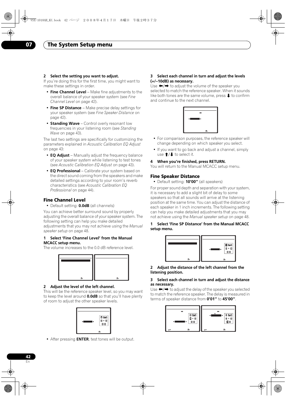 Fine channel level fine speaker distance, The system setup menu 07, Fine channel level | Fine speaker distance | Pioneer VSX-1018AH-K 7 User Manual | Page 42 / 100