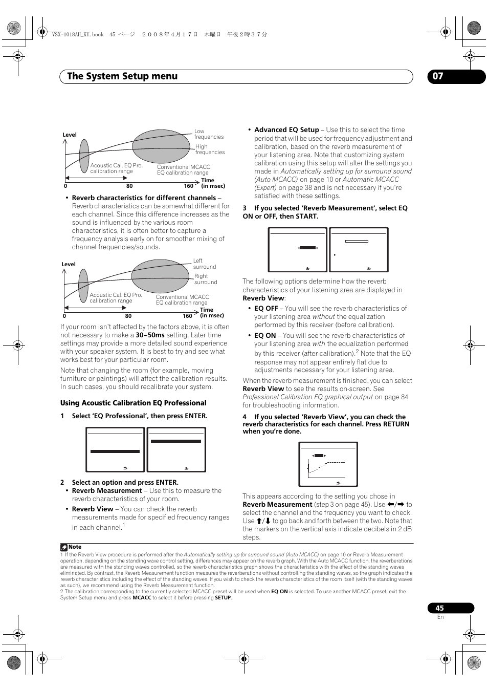 The system setup menu 07, Using acoustic calibration eq professional | Pioneer VSX-1018AH-K 7 User Manual | Page 45 / 100