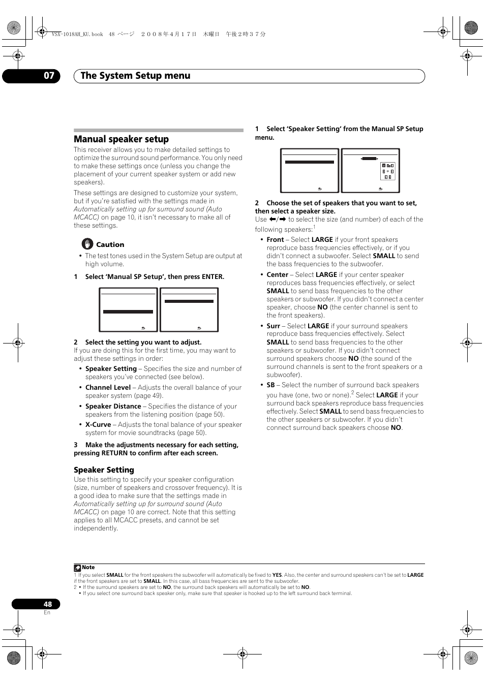 Manual speaker setup, Speaker setting, The system setup menu 07 | Pioneer VSX-1018AH-K 7 User Manual | Page 48 / 100