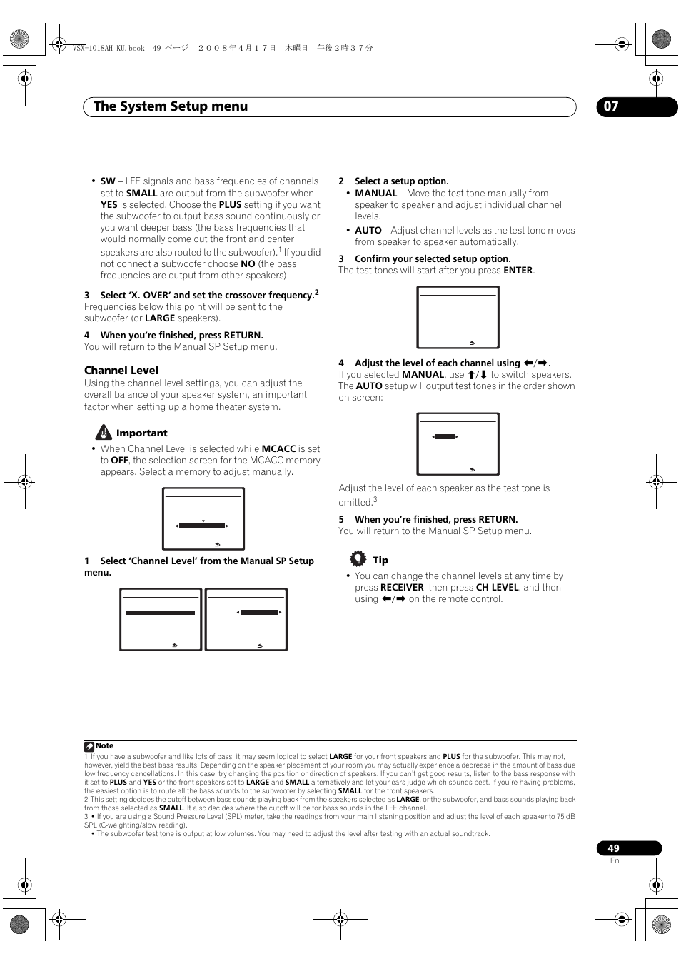 Channel level, The system setup menu 07 | Pioneer VSX-1018AH-K 7 User Manual | Page 49 / 100