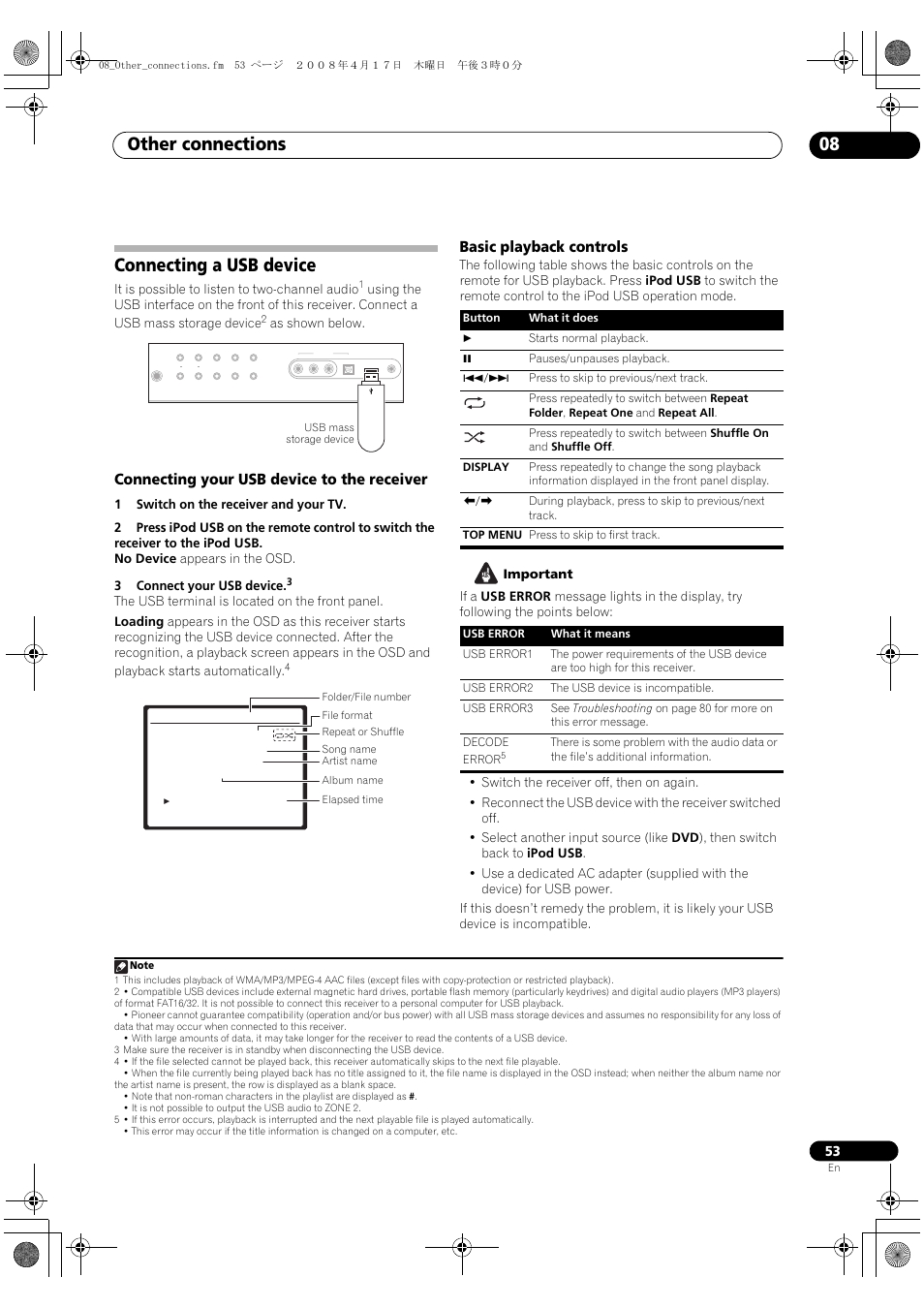 Connecting a usb device, Other connections 08, Connecting your usb device to the receiver | Basic playback controls, It is possible to listen to two-channel audio, As shown below | Pioneer VSX-1018AH-K 7 User Manual | Page 53 / 100