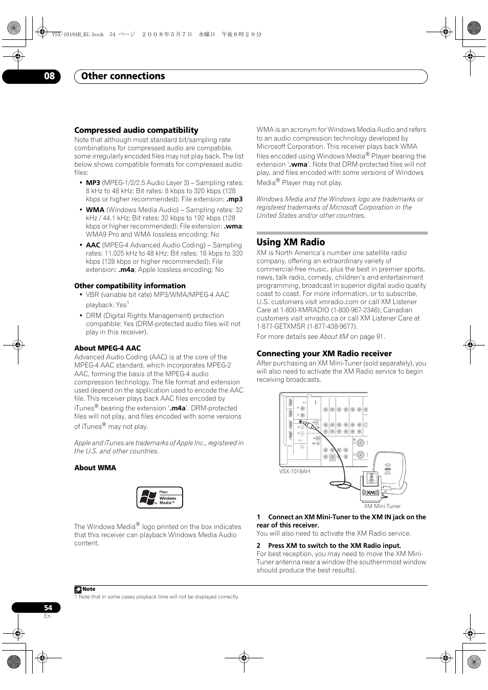Compressed audio compatibility, Using xm radio, Connecting your xm radio receiver | Other connections 08, Other compatibility information, About mpeg-4 aac, About wma, The windows media | Pioneer VSX-1018AH-K 7 User Manual | Page 54 / 100