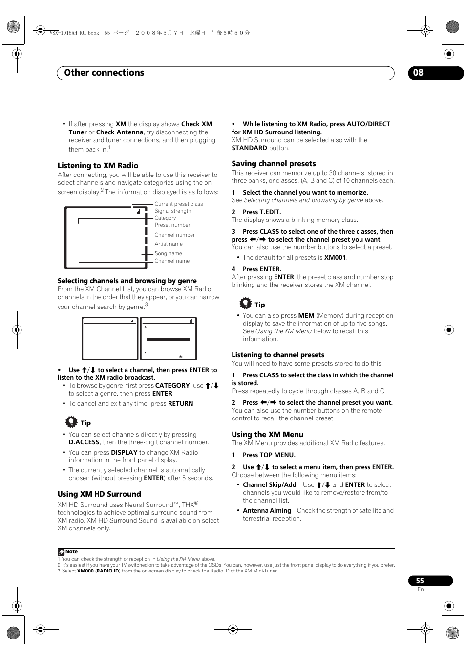 Other connections 08, Listening to xm radio, Using xm hd surround | Saving channel presets, Using the xm menu | Pioneer VSX-1018AH-K 7 User Manual | Page 55 / 100