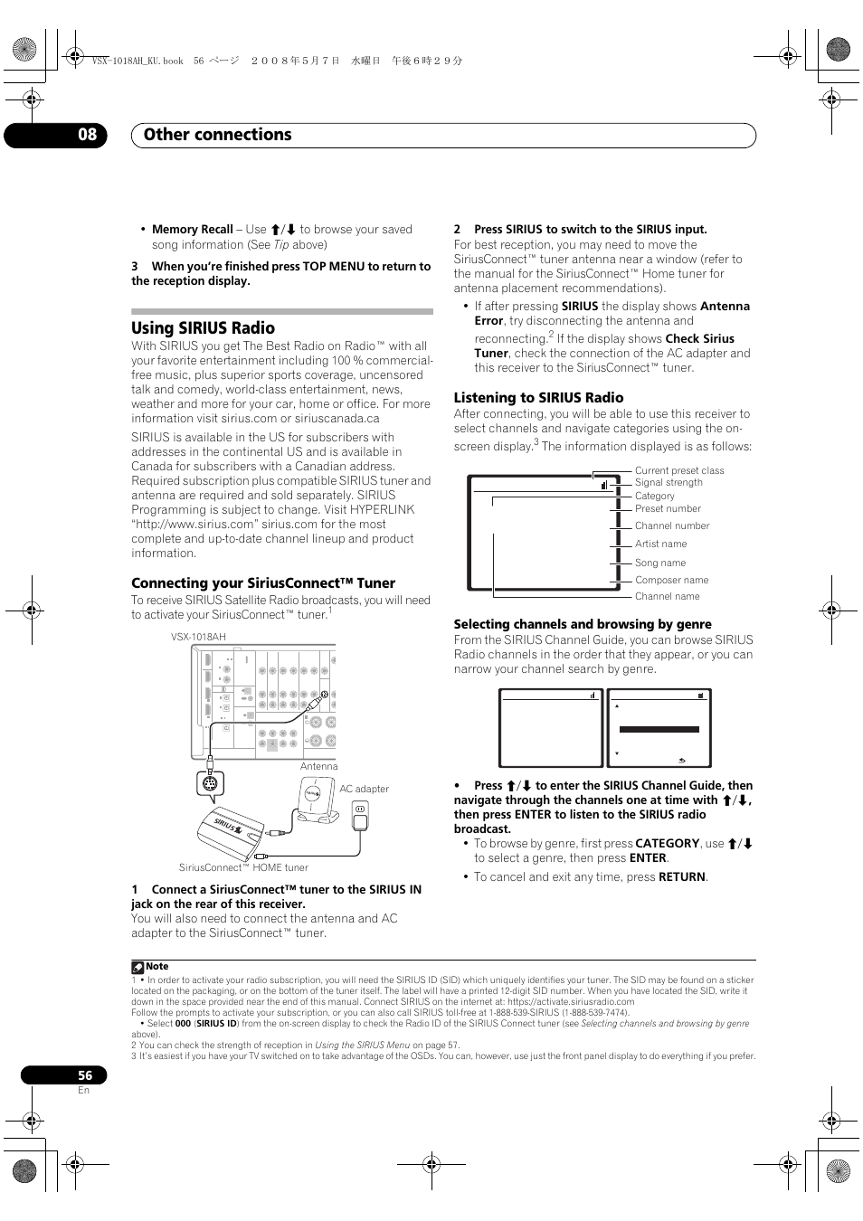 Using sirius radio, Connecting your siriusconnect, Tuner | Listening to sirius radio, Other connections 08, Connecting your siriusconnect™ tuner, Selecting channels and browsing by genre, The information displayed is as follows | Pioneer VSX-1018AH-K 7 User Manual | Page 56 / 100