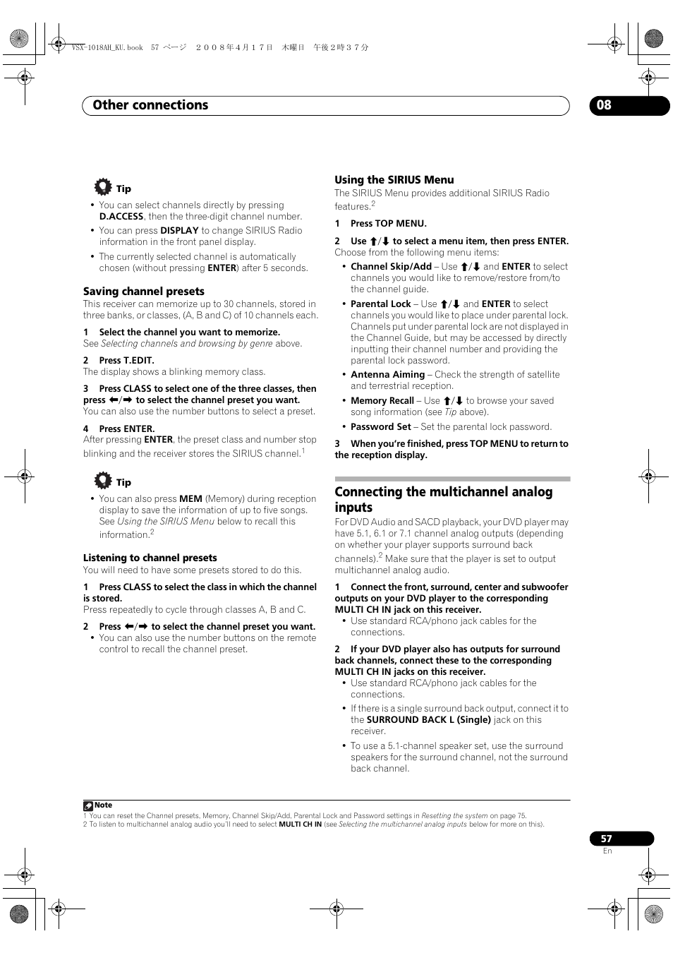 Saving channel presets using the sirius menu, Connecting the multichannel analog inputs, Other connections 08 | Pioneer VSX-1018AH-K 7 User Manual | Page 57 / 100
