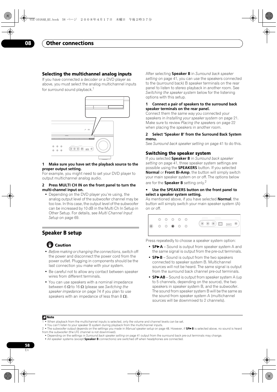 Selecting the multichannel analog inputs, Speaker b setup, Switching the speaker system | Other connections 08 | Pioneer VSX-1018AH-K 7 User Manual | Page 58 / 100
