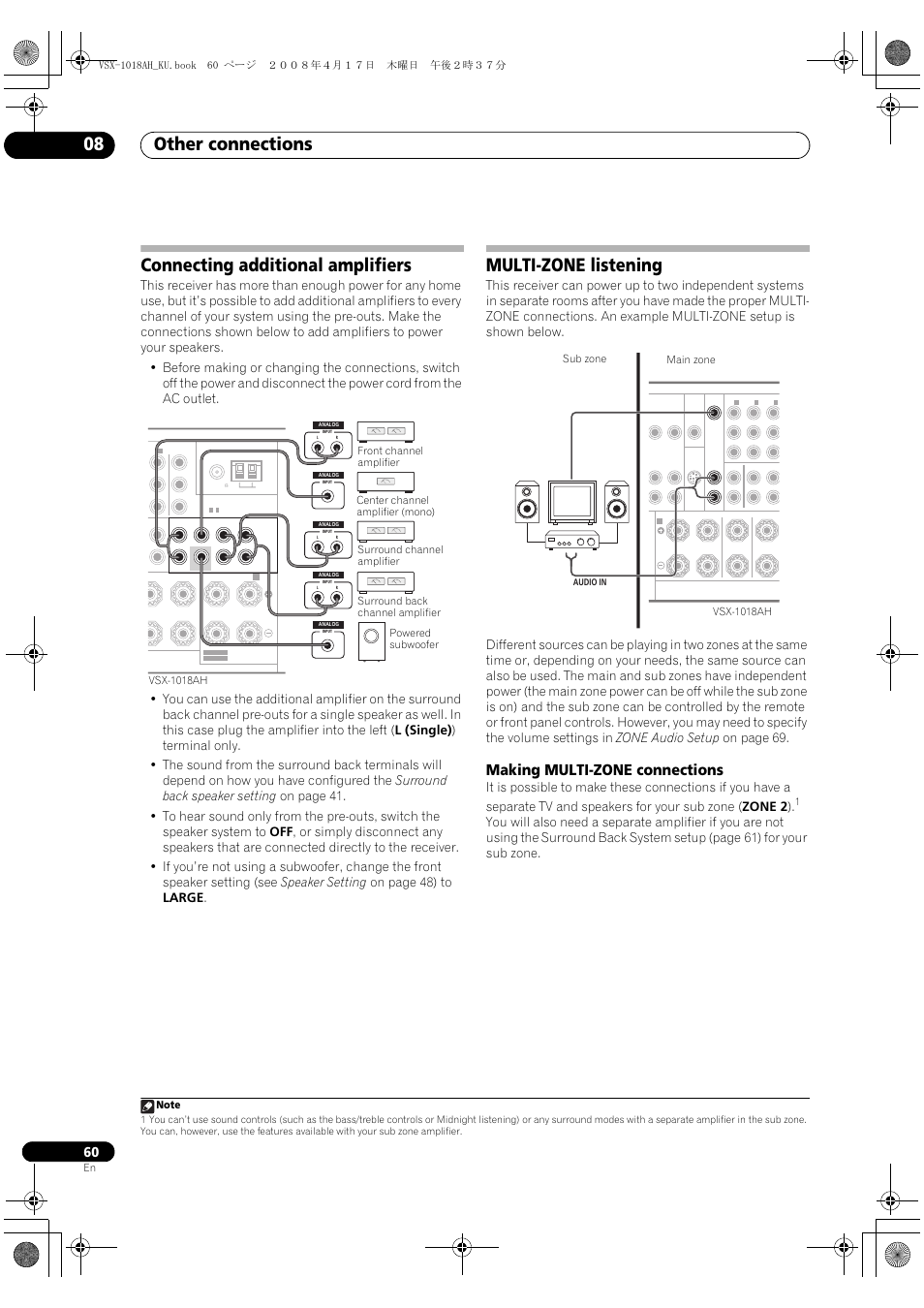 Making multi-zone connections, Other connections 08, Connecting additional amplifiers | Multi-zone listening | Pioneer VSX-1018AH-K 7 User Manual | Page 60 / 100