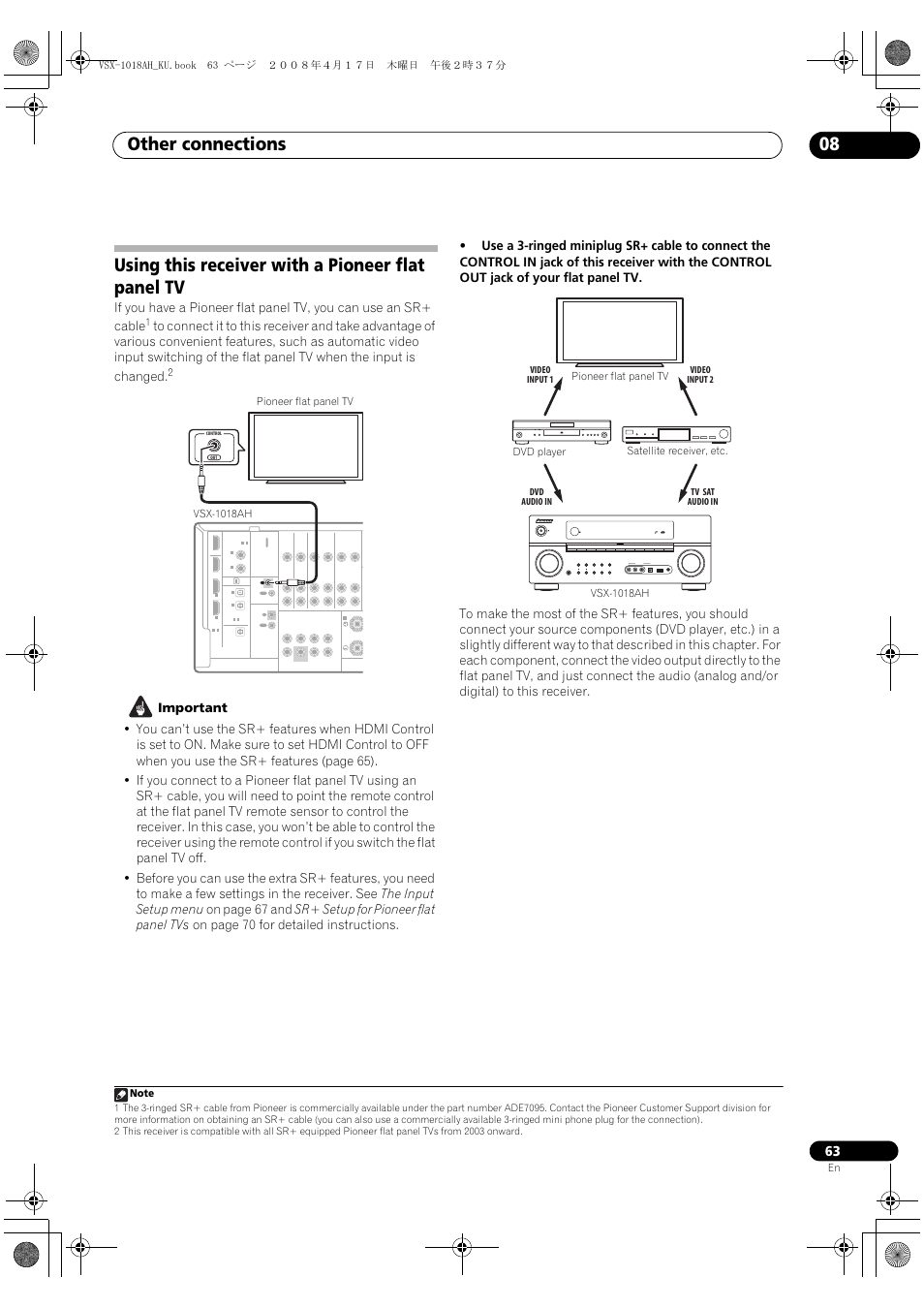 Using this receiver with a pioneer flat panel tv, Other connections 08 | Pioneer VSX-1018AH-K 7 User Manual | Page 63 / 100