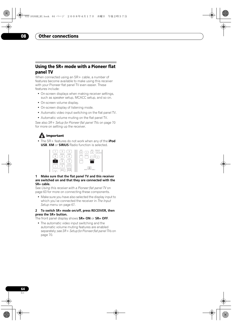 Using the sr+ mode with a pioneer flat panel tv, Other connections 08 | Pioneer VSX-1018AH-K 7 User Manual | Page 64 / 100