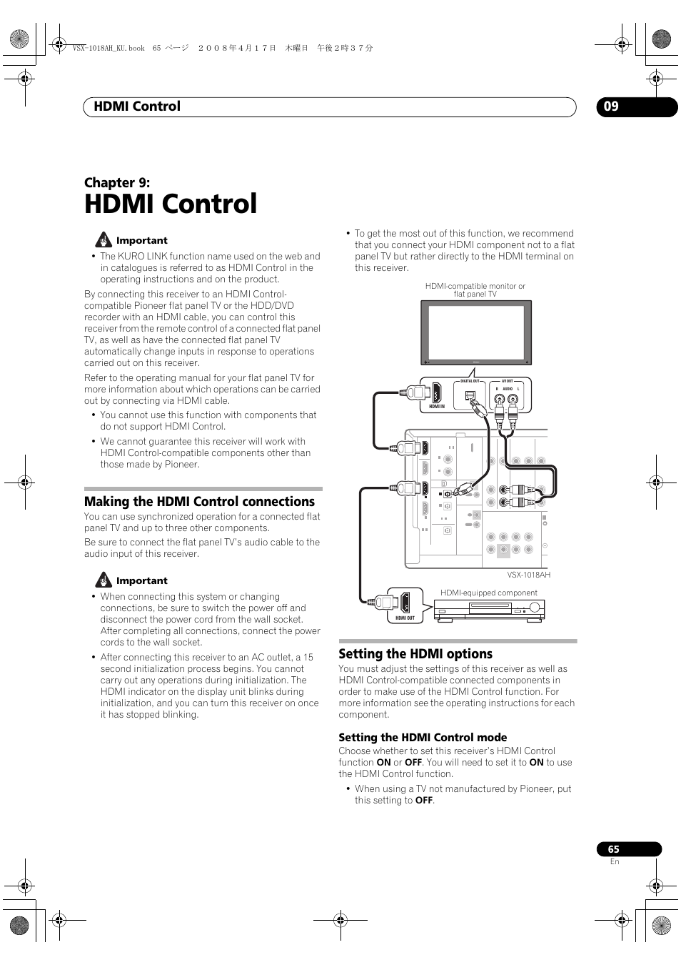 Setting the hdmi control mode, Hdmi control, Hdmi control 09 | Chapter 9, Making the hdmi control connections, Setting the hdmi options | Pioneer VSX-1018AH-K 7 User Manual | Page 65 / 100