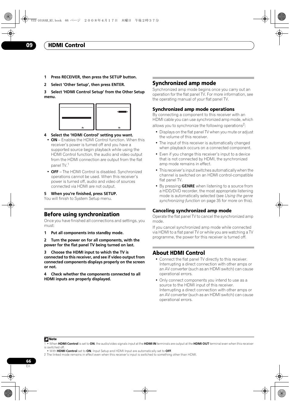 Before using synchronization synchronized amp mode, About hdmi control, Hdmi control 09 | Before using synchronization, Synchronized amp mode | Pioneer VSX-1018AH-K 7 User Manual | Page 66 / 100