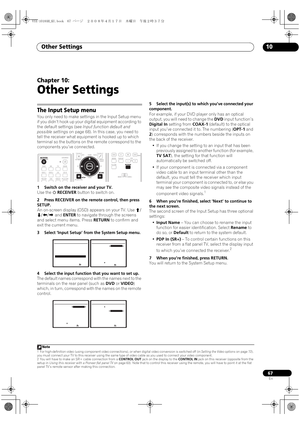 The input setup menu, Other settings, Other settings 10 | Chapter 10 | Pioneer VSX-1018AH-K 7 User Manual | Page 67 / 100